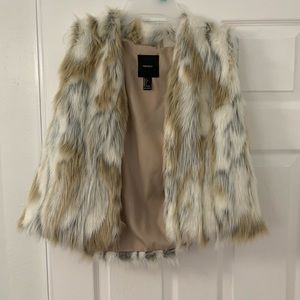 White, grey, and tan faux fur vest from Forever 21